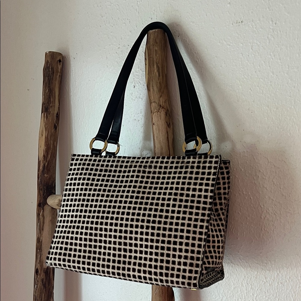 Kate Spade Black and Cream Checkered Shoulder Bag Calf Hair Leather Box